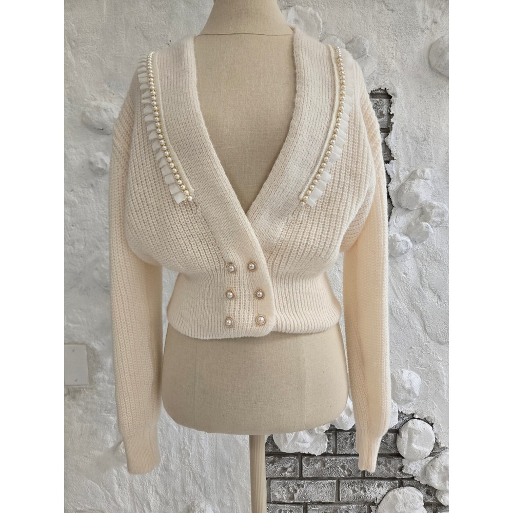 Cream Pearl Trim Ruffle Cropped Cardigan Double Breasted Ribbed Knit Sweater L